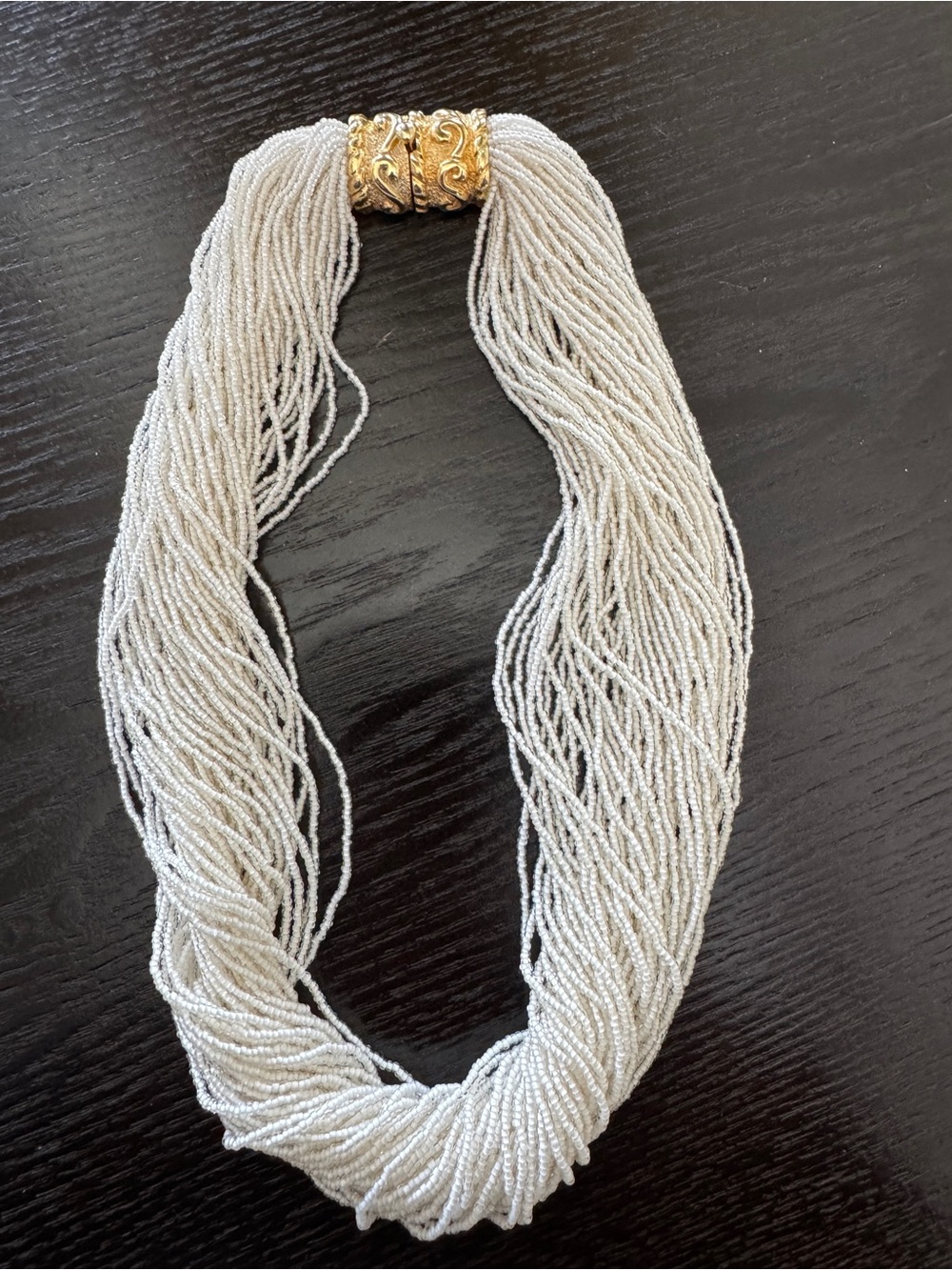 Multi-Strand White Seed Bead Necklace with Gold-Tone Tube Clasp